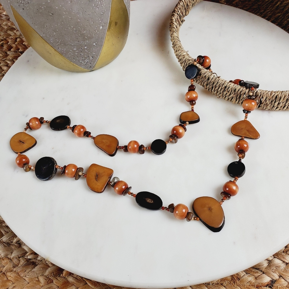 Vintage Boho long petrified chunky wood bead slice necklace - Picture 1 of 14